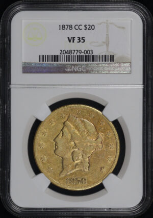 Obverse of this 1878-CC Liberty Head $20 Type 3 NGC VF-35