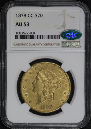 Obverse of this 1878-CC Liberty Head $20 Type 3 NGC AU-53 CAC