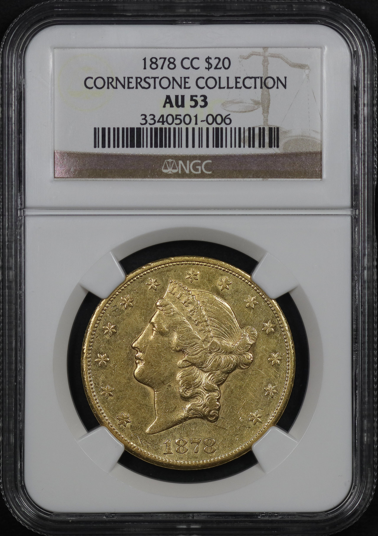 Obverse of this 1878-CC Liberty Head $20 Type 3 NGC AU-53 CORNERSTONE COLLECTION