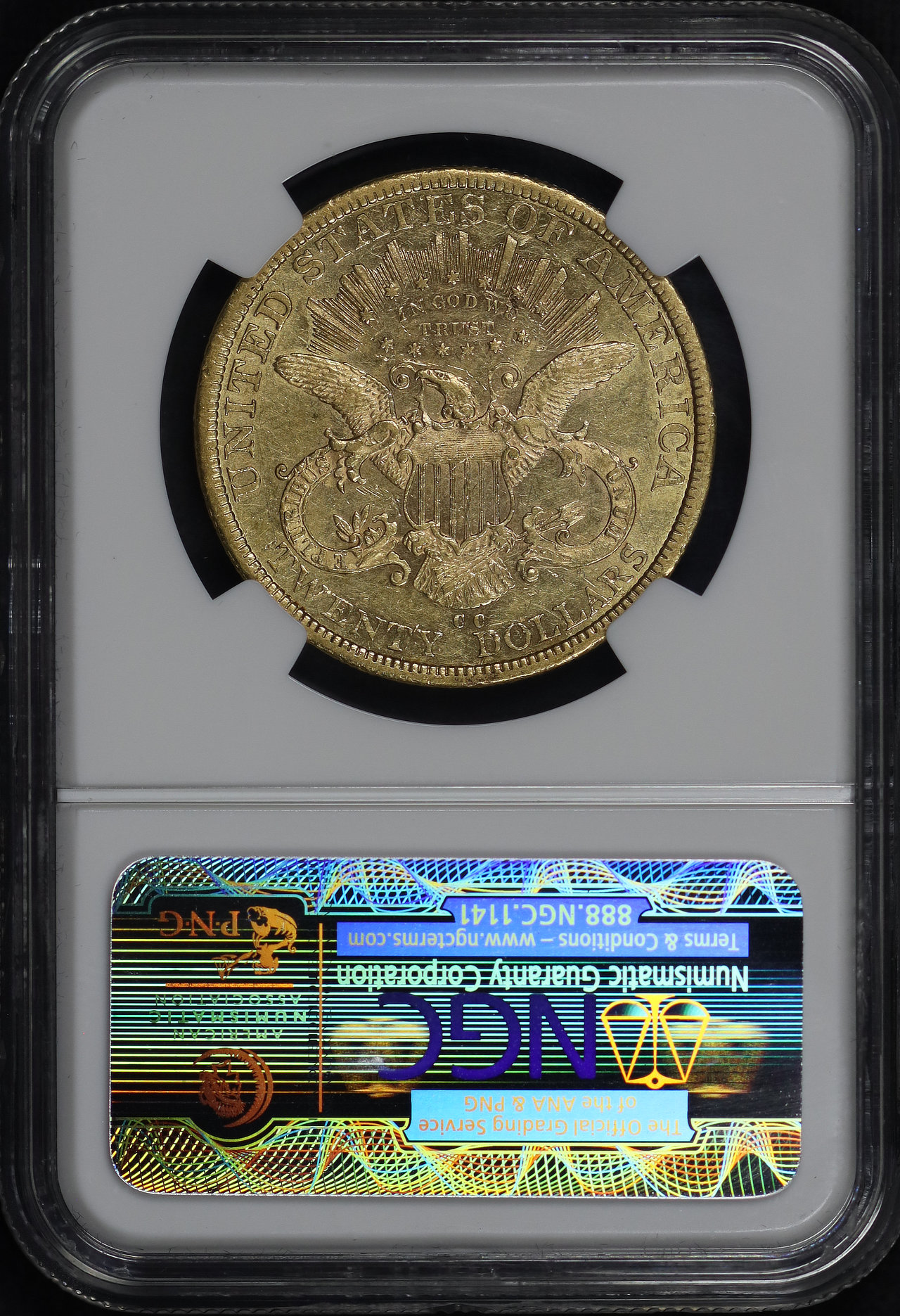 Reverse of this 1878-CC Liberty Head $20 Type 3 NGC AU-53 CORNERSTONE COLLECTION