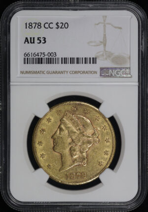 Obverse of this 1878-CC Liberty Head $20 Type 3 NGC AU-53
