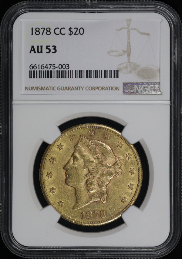 Obverse of this 1878-CC Liberty Head $20 Type 3 NGC AU-53