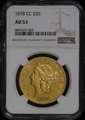 Obverse of this 1878-CC Liberty Head $20 Type 3 NGC AU-53
