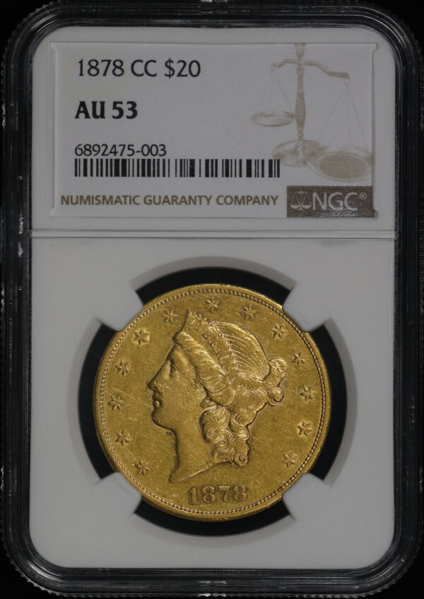 Obverse of this 1878-CC Liberty Head $20 Type 3 NGC AU-53