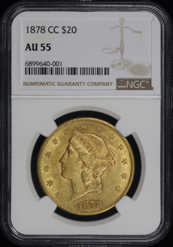 Obverse of this 1878-CC Liberty Head $20 Type 3 NGC AU-55