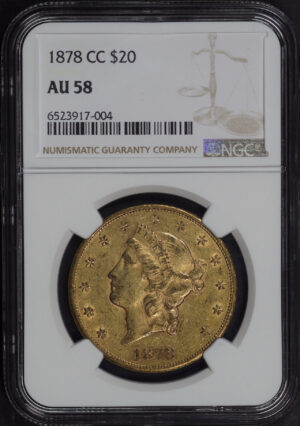Obverse of this 1878-CC Liberty Head $20 Type 3 NGC AU-58