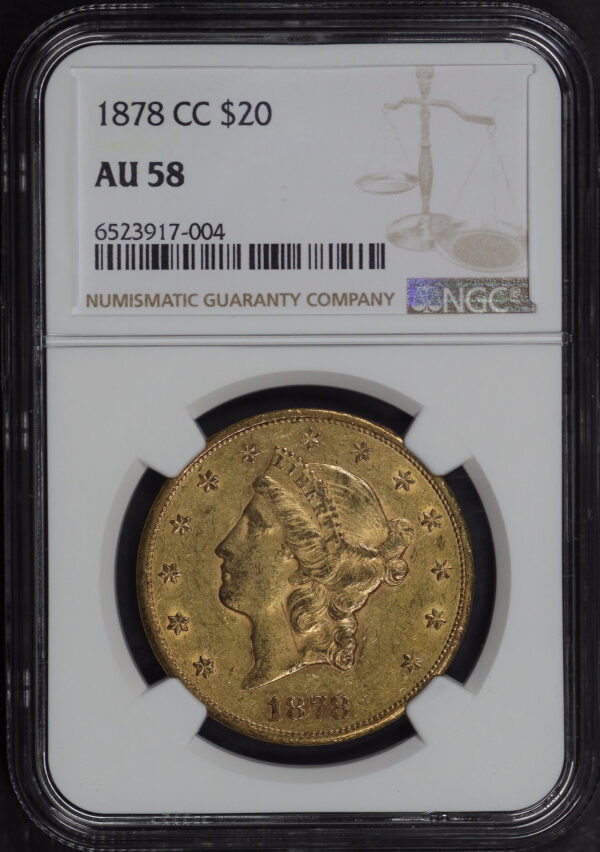 Obverse of this 1878-CC Liberty Head $20 Type 3 NGC AU-58
