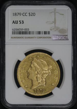 Obverse of this 1879-CC Liberty Head $20 Type 3 NGC AU-53