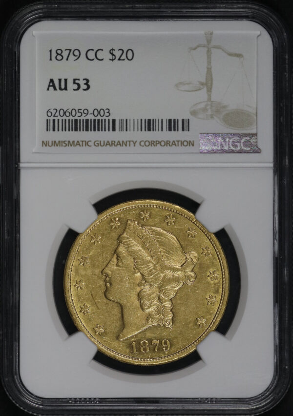 Obverse of this 1879-CC Liberty Head $20 Type 3 NGC AU-53
