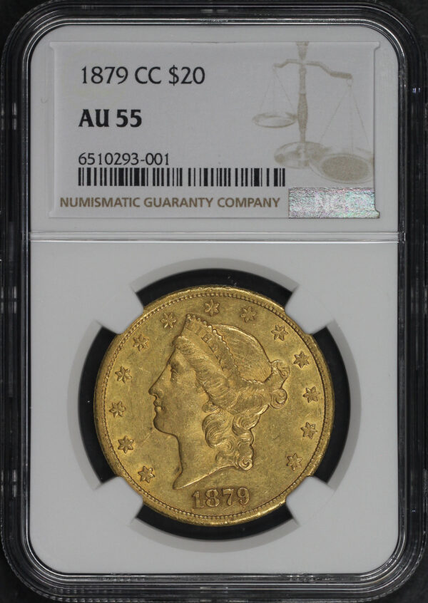 Obverse of this 1879-CC Liberty Head $20 Type 3 NGC AU-55