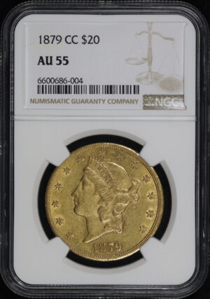 Obverse of this 1879-CC Liberty Head $20 Type 3 NGC AU-55