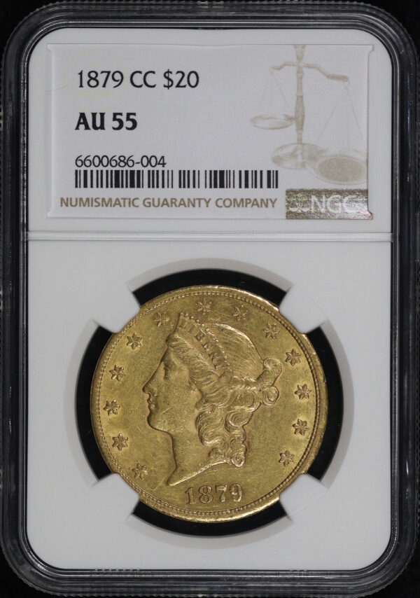 Obverse of this 1879-CC Liberty Head $20 Type 3 NGC AU-55
