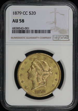 Obverse of this 1879-CC Liberty Head $20 Type 3 NGC AU-58