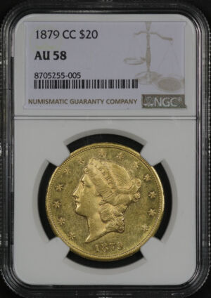 Obverse of this 1879-CC Liberty Head $20 Type 3 NGC AU-58