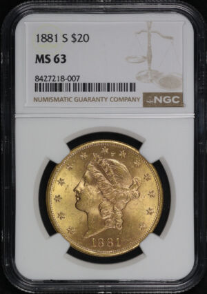 Obverse of this 1881-S Liberty Head $20 Type 3 NGC MS-63