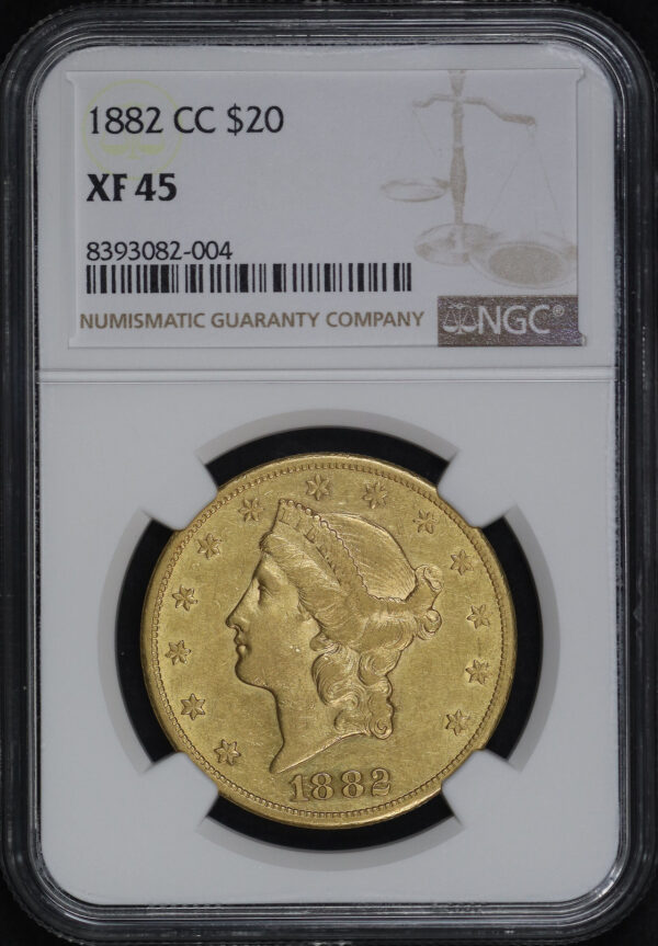 Obverse of this 1882-CC Liberty Head $20 Type 3 NGC XF-45