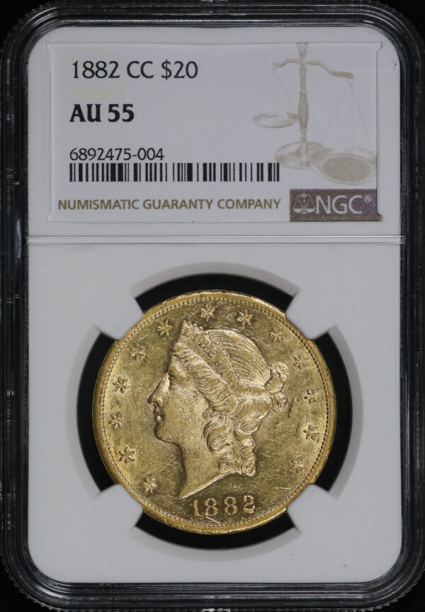 Obverse of this 1882-CC Liberty Head $20 Type 3 NGC AU-55