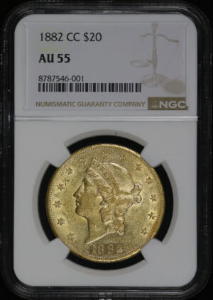 Obverse of this 1882-CC Liberty Head $20 Type 3 NGC AU-55