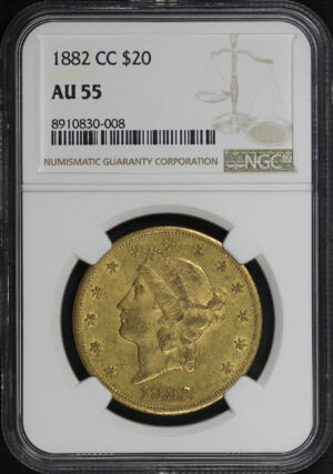 Obverse of this 1882-CC Liberty Head $20 Type 3 NGC AU-55