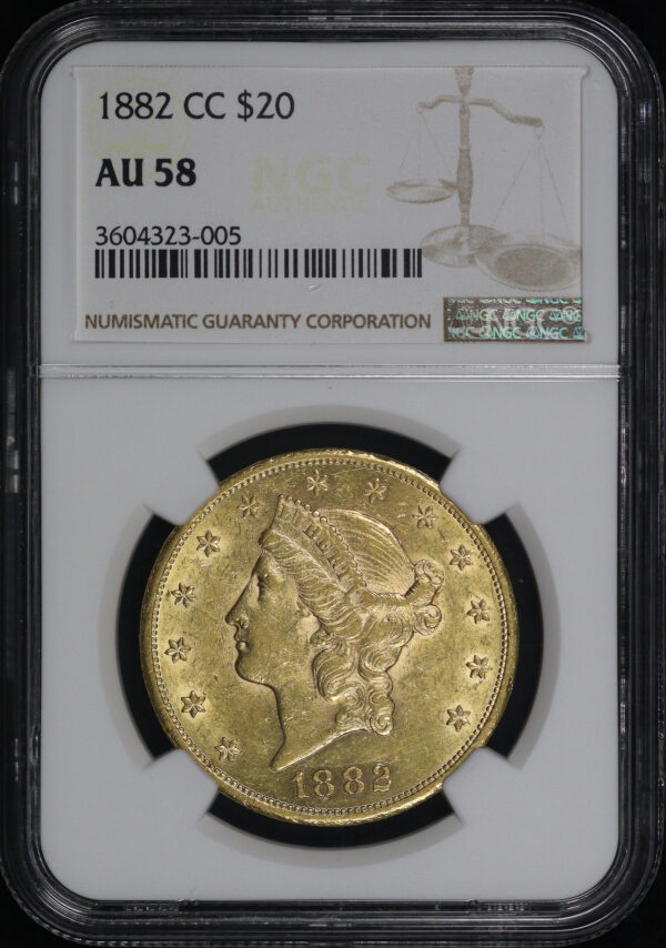 Obverse of this 1882-CC Liberty Head $20 Type 3 NGC AU-58