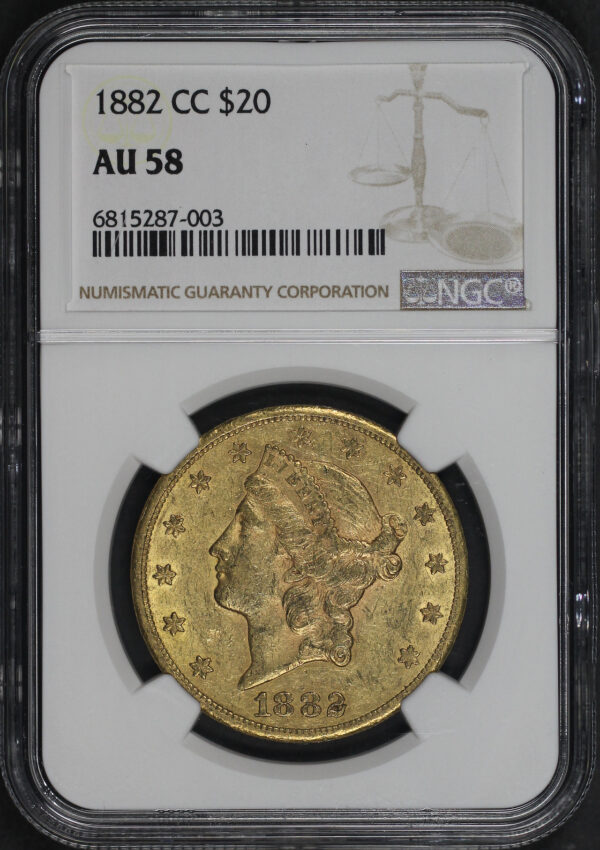 Obverse of this 1882-CC Liberty Head $20 Type 3 NGC AU-58