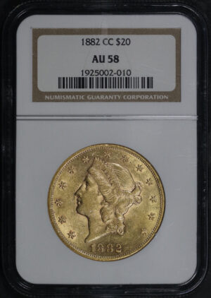 Obverse of this 1882-CC Liberty Head $20 Type 3 NGC AU-58