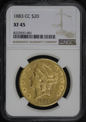 Obverse of this 1883-CC Liberty Head $20 Type 3 NGC XF-45
