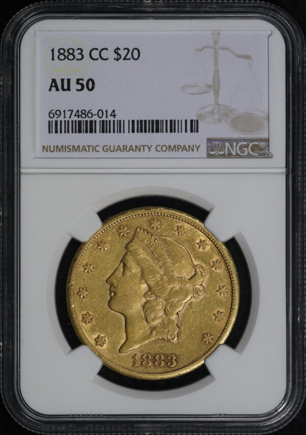 Obverse of this 1883-CC Liberty Head $20 Type 3 NGC AU-50