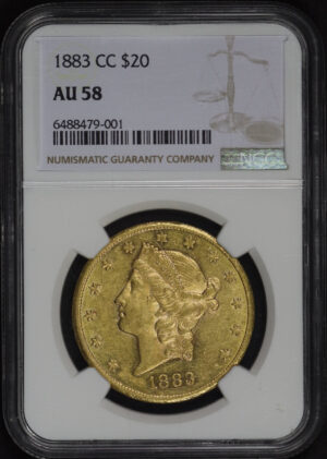 Obverse of this 1883-CC Liberty Head $20 Type 3 NGC AU-58