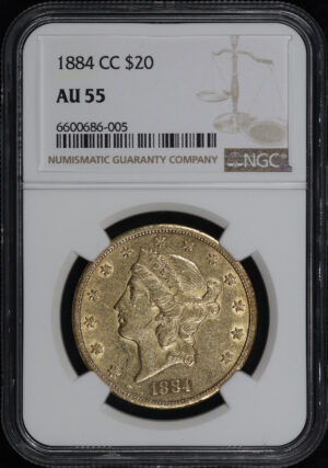 Obverse of this 1884-CC Liberty Head $20 Type 3 NGC AU-55