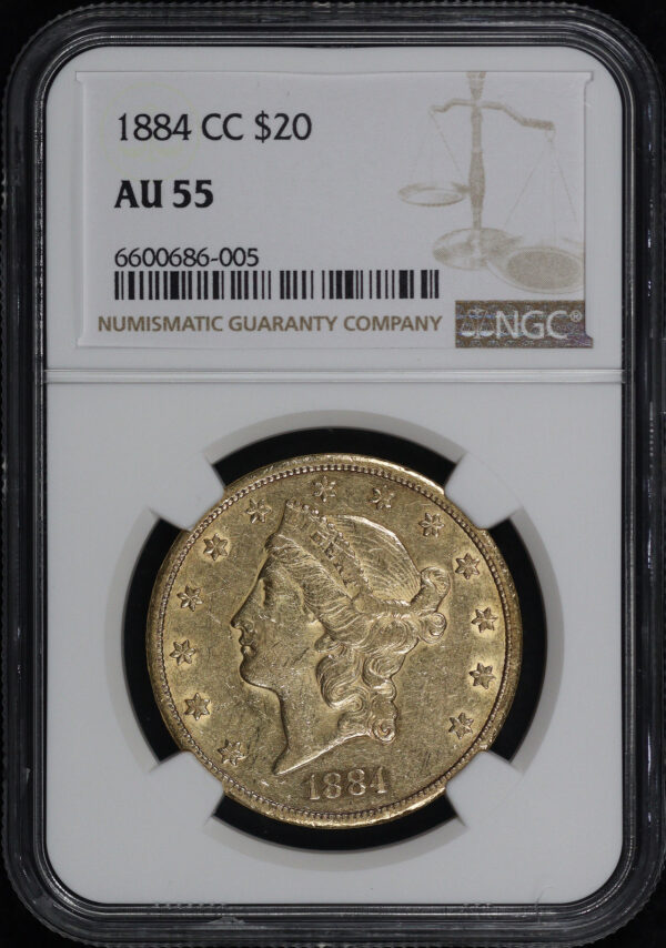 Obverse of this 1884-CC Liberty Head $20 Type 3 NGC AU-55