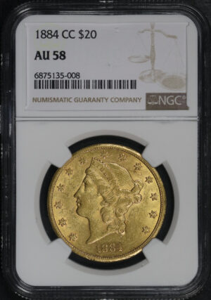 Obverse of this 1884-CC Liberty Head $20 Type 3 NGC AU-58