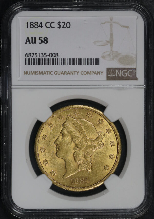Obverse of this 1884-CC Liberty Head $20 Type 3 NGC AU-58