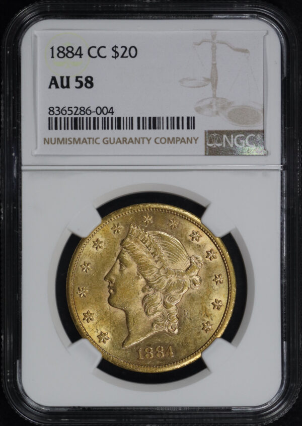 Obverse of this 1884-CC Liberty Head $20 Type 3 NGC AU-58