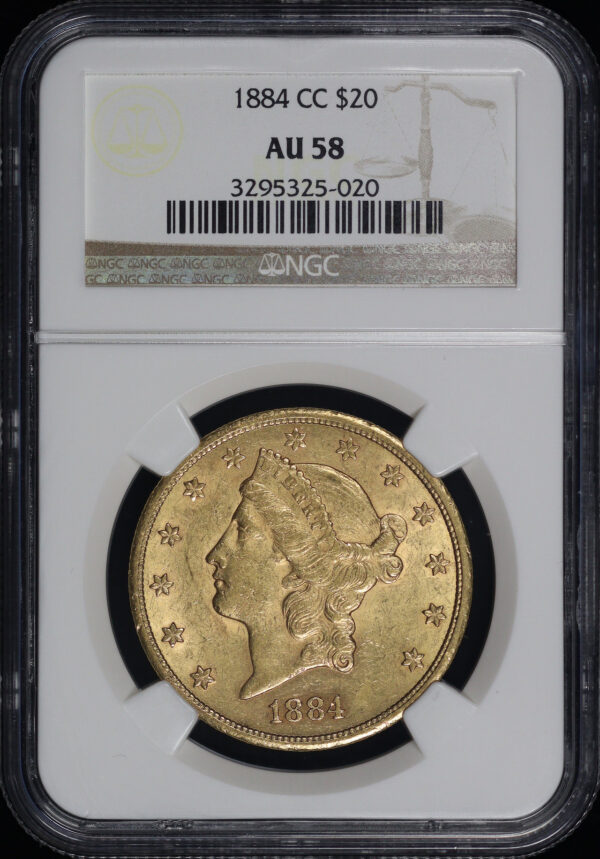 Obverse of this 1884-CC Liberty Head $20 Type 3 NGC AU-58