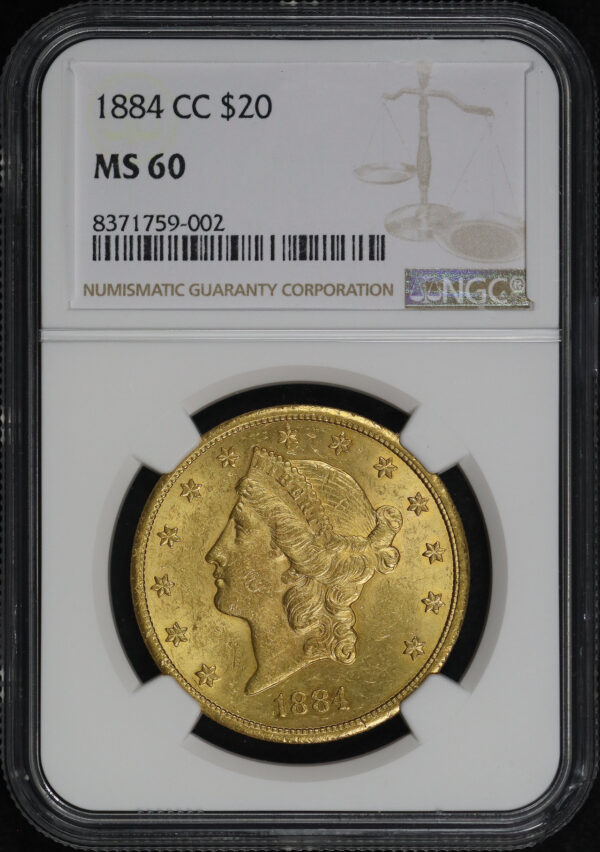 Obverse of this 1884-CC Liberty Head $20 Type 3 NGC MS-60