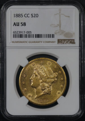 Obverse of this 1885-CC Liberty Head $20 Type 3 NGC AU-58