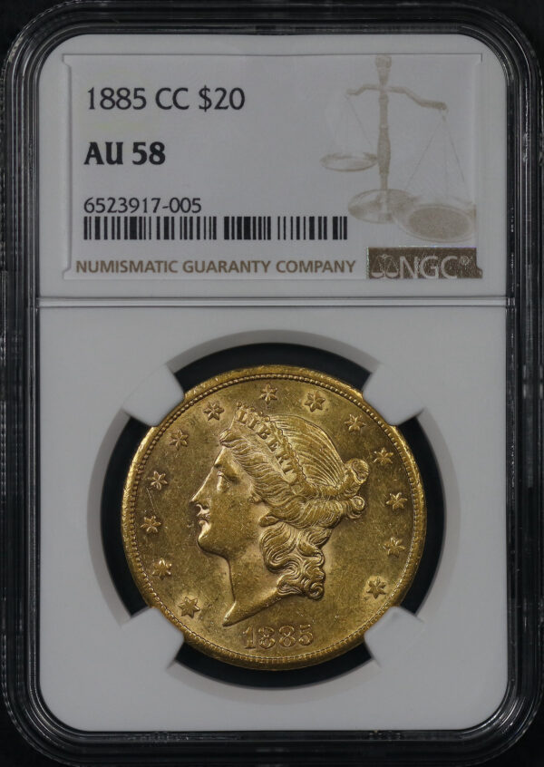 Obverse of this 1885-CC Liberty Head $20 Type 3 NGC AU-58