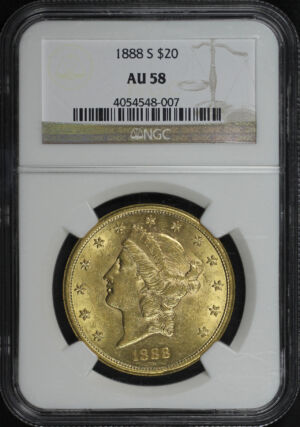 Obverse of this 1888-S Liberty Head $20 Type 3 NGC AU-58