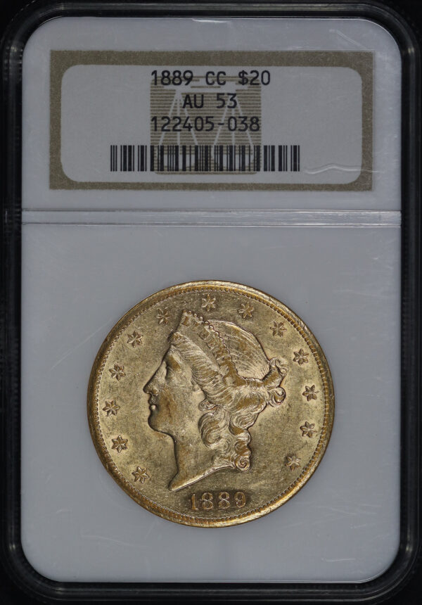 Obverse of this 1889-CC Liberty Head $20 Type 3 NGC AU-53