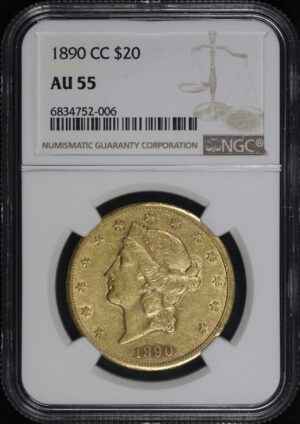 Obverse of this 1890-CC Liberty Head $20 Type 3 NGC AU-55