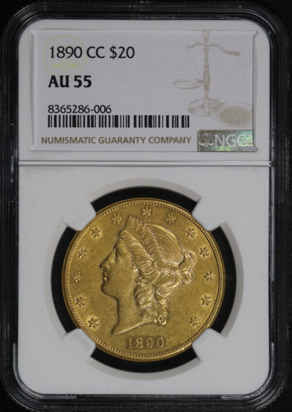 Obverse of this 1890-CC Liberty Head $20 Type 3 NGC AU-55