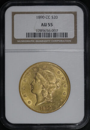 Obverse of this 1890-CC Liberty Head $20 Type 3 NGC AU-55
