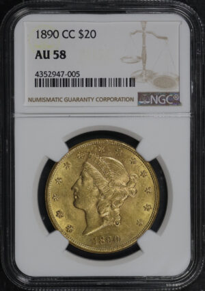 Obverse of this 1890-CC Liberty Head $20 Type 3 NGC AU-58