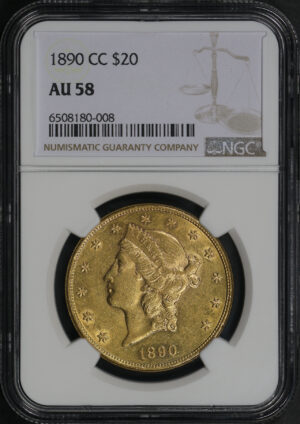 Obverse of this 1890-CC Liberty Head $20 Type 3 NGC AU-58
