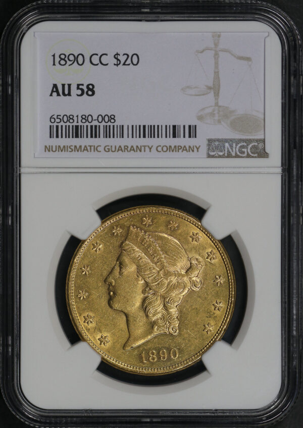 Obverse of this 1890-CC Liberty Head $20 Type 3 NGC AU-58