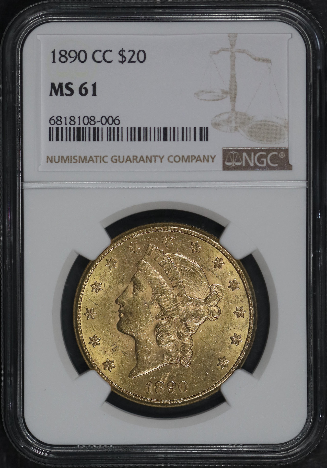 Obverse of this 1890-CC Liberty Head $20 Type 3 NGC MS-61