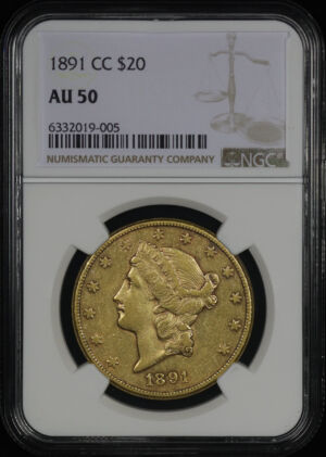 Obverse of this 1891-CC Liberty Head $20 Type 3 NGC AU-50