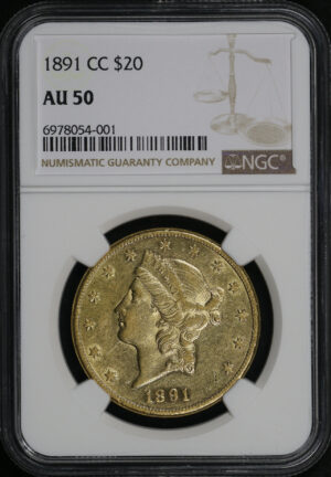 Obverse of this 1891-CC Liberty Head $20 Type 3 NGC AU-50