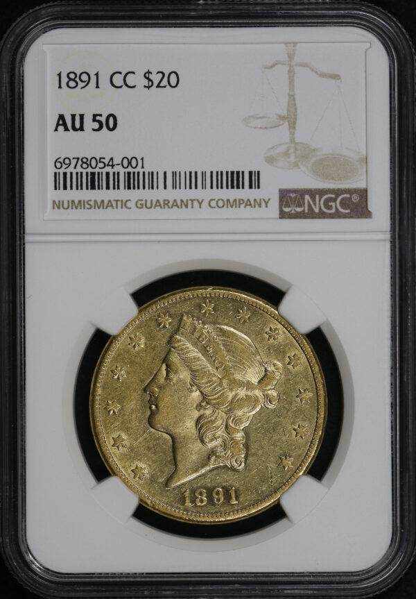 Obverse of this 1891-CC Liberty Head $20 Type 3 NGC AU-50